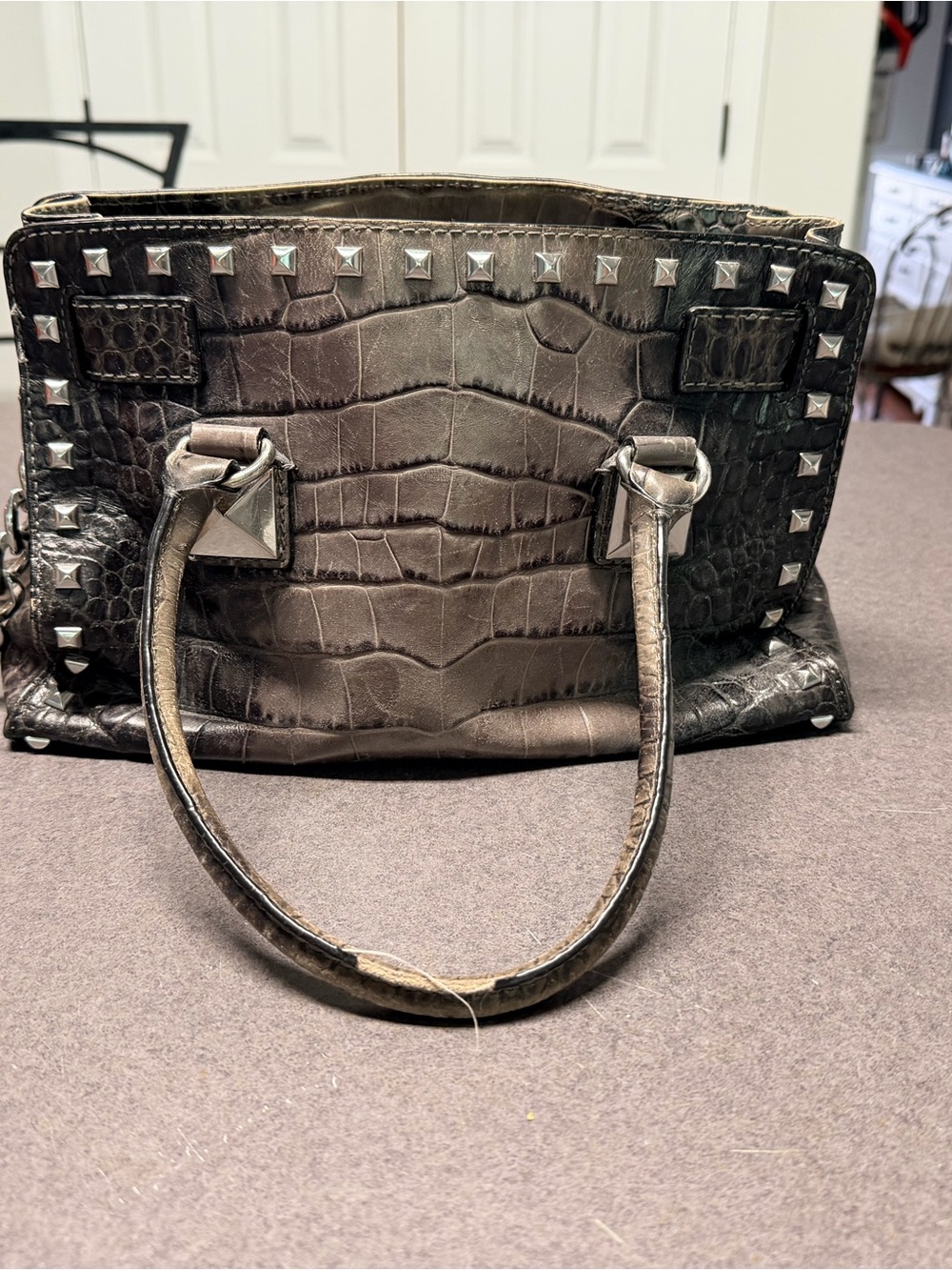 Michael Kors Metallic Croc-Embossed Studded Satchel in Bronze Brown - Picture 2 of 5